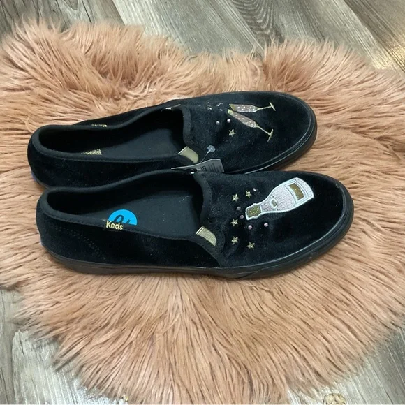 Keds Black Velvet Embroidered Flats Size 10 - Picture 3 of 5